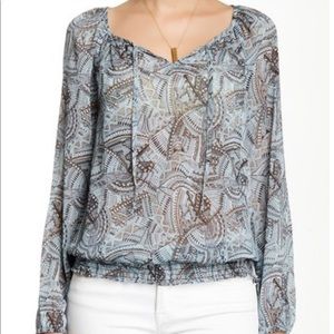 Lucky Brand Blue Print Sheer Smocked Shirt